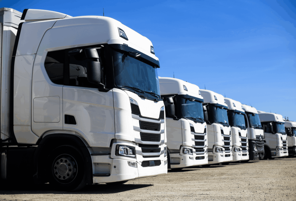 Flotte de camions de transport routier prête à partir depuis un site logistique