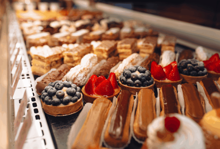 Vitrine de pâtisserie artisanale avec entremets, chocolats et spécialités glacées