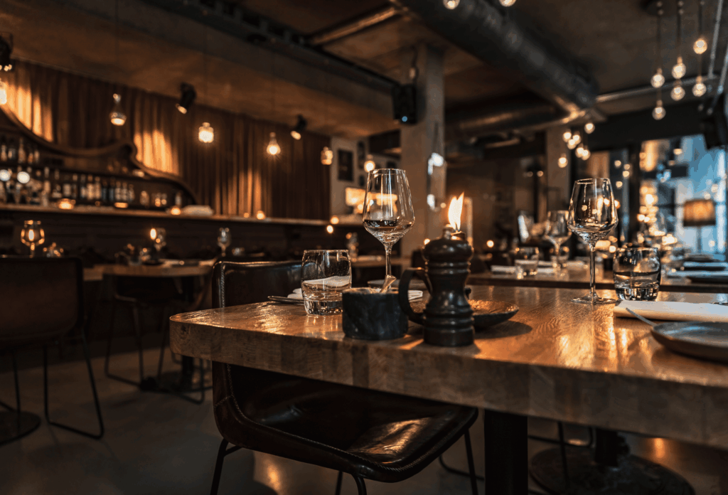 Salle de restaurant équipée avec tables, bar et cuisine dans un local commercial à Eckbolsheim