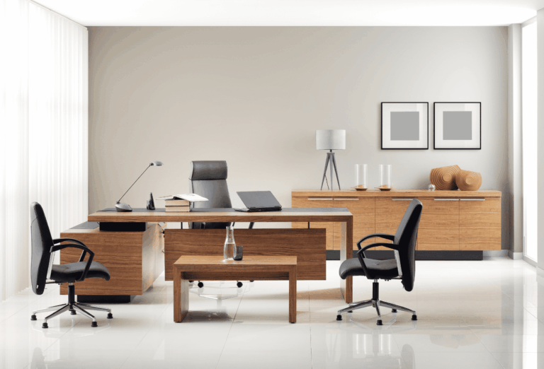 Mobilier de bureau moderne avec bureau, chaise ergonomique et armoire de rangement