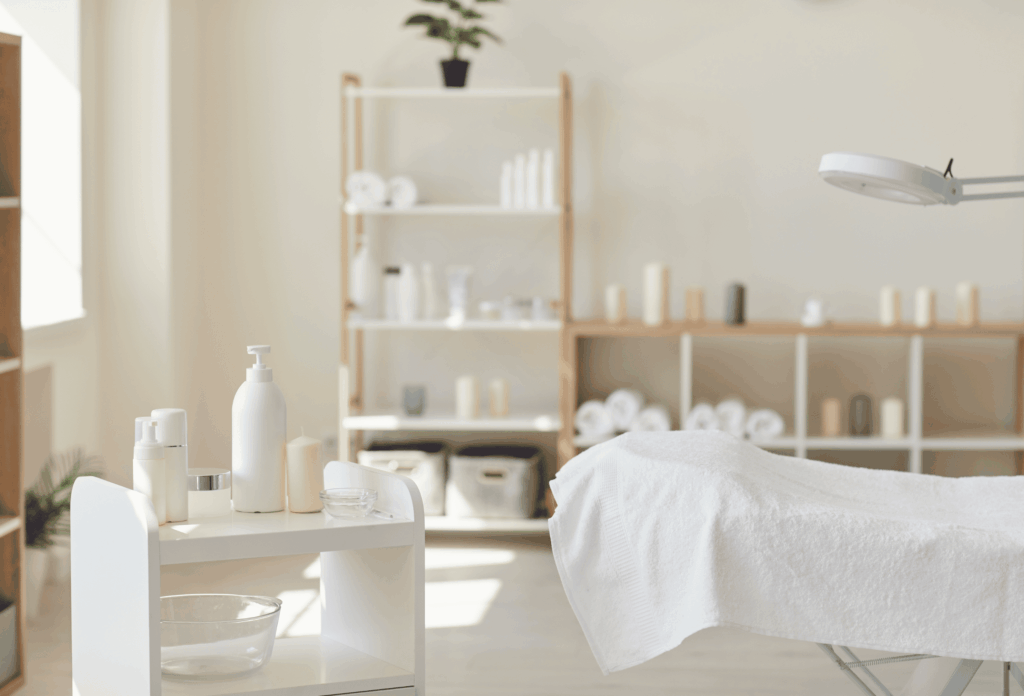 Cabine de soin d’un institut de beauté avec table de massage et équipements esthétiques