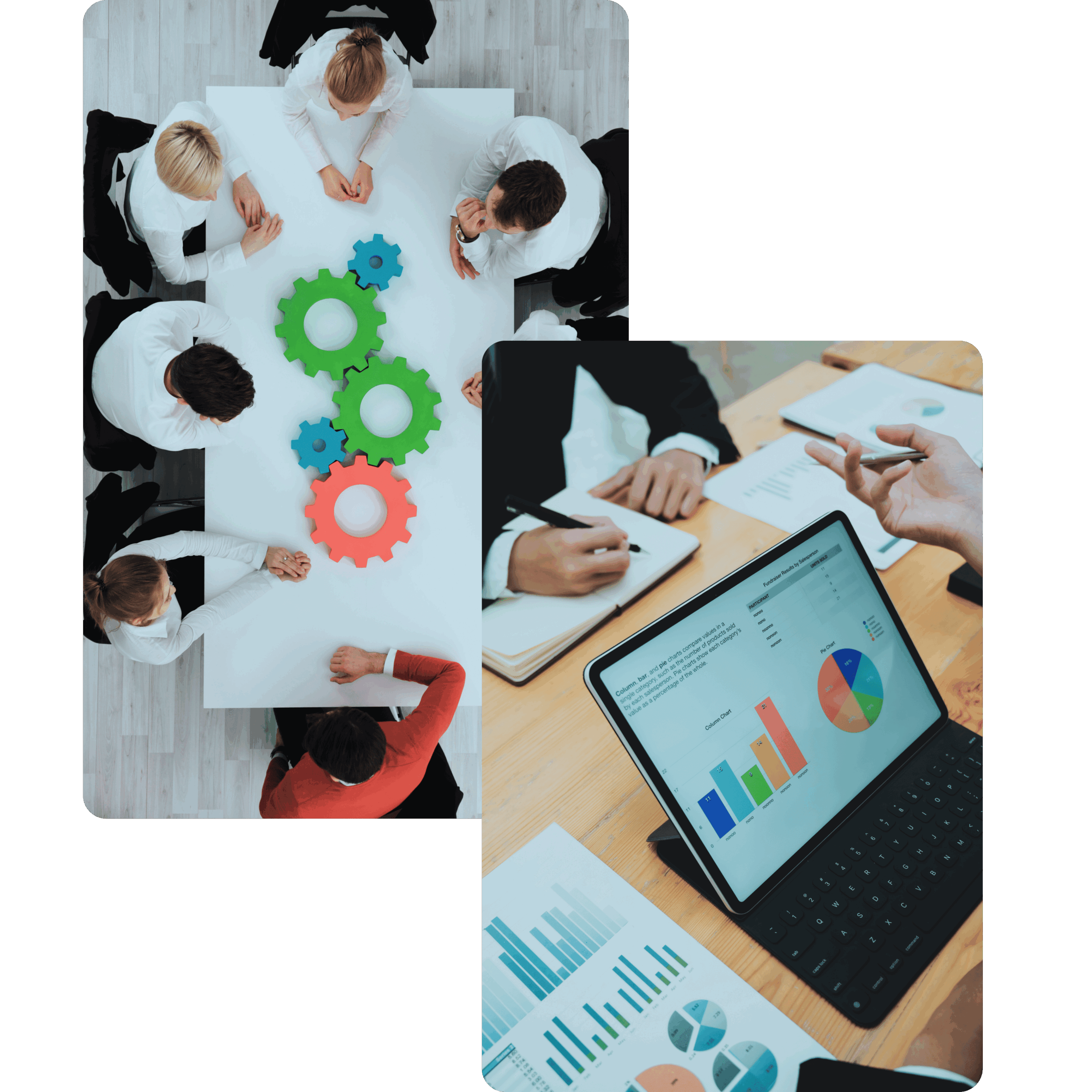 Réunion stratégique d’une équipe autour d'engrenages symboliques et analyse de données sur écran pour représenter la recherche d'opportunités d'entreprises
