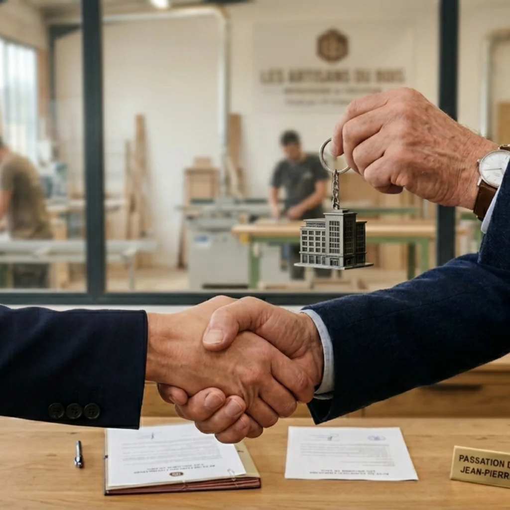 Poignée de main entre deux dirigeants lors d’une cession d’entreprise avec remise symbolique des clés